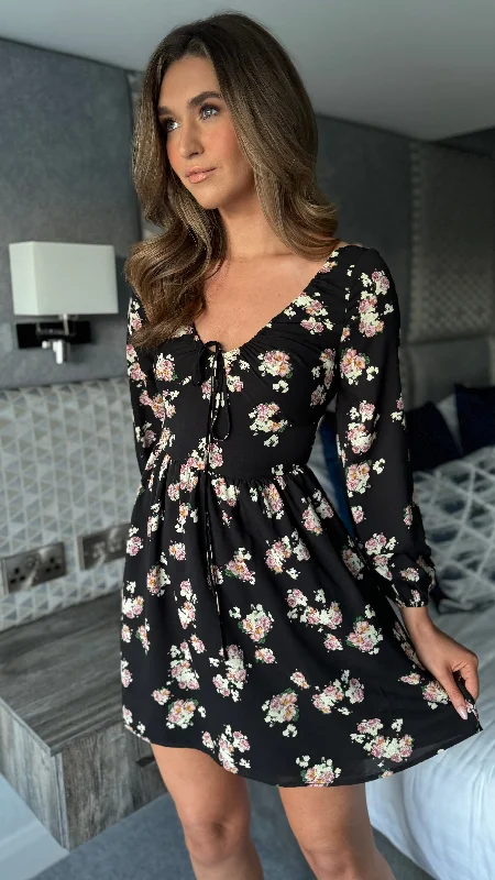 Comfortable Garments For Women Fiona Black Floral Gathered V Neckline Long Sleeve Mini Dress