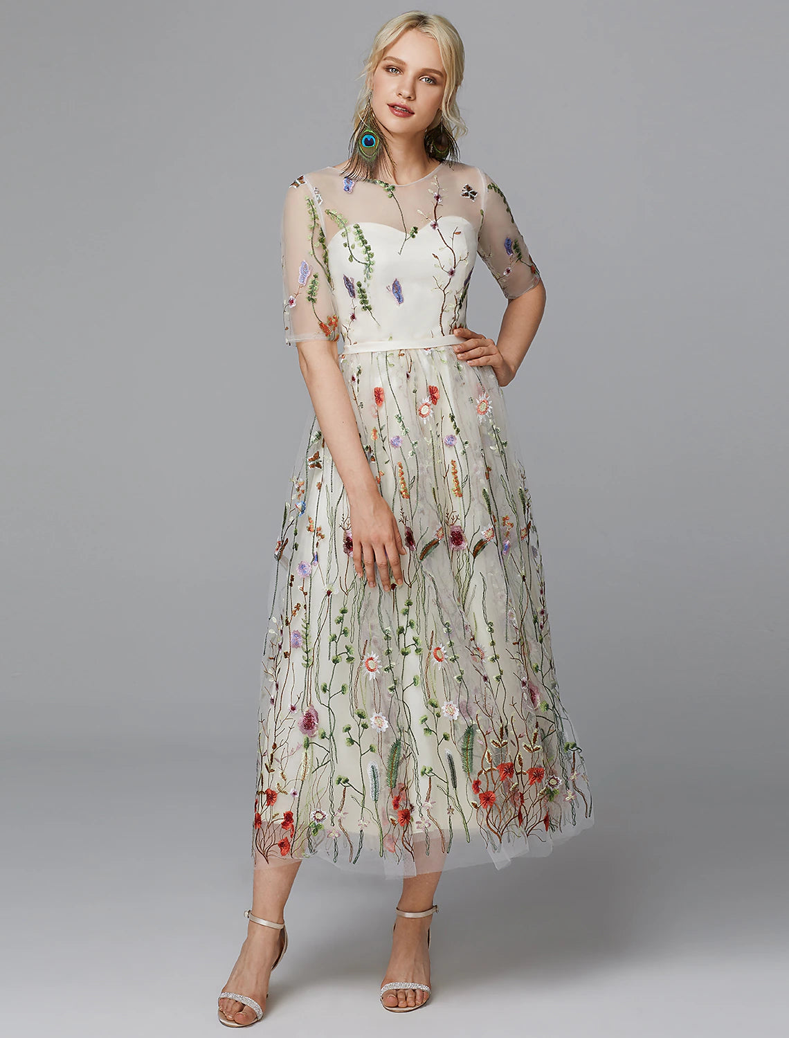 Women's Occasion Wear Clothes A-Line Floral Dress Holiday Wedding Guest Tea Length Half Sleeve Illusion Neck Lace with Embroidery Appliques