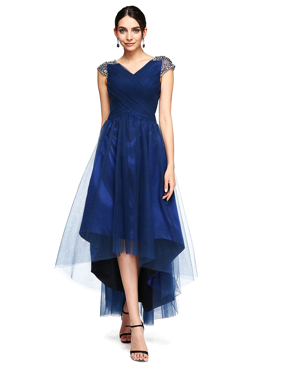 Women's Occasion Wear Clothes A-Line Special Occasion Dresses Open Back Dress Wedding Guest Asymmetrical Short Sleeve V Neck Tulle with Criss Cross Beading