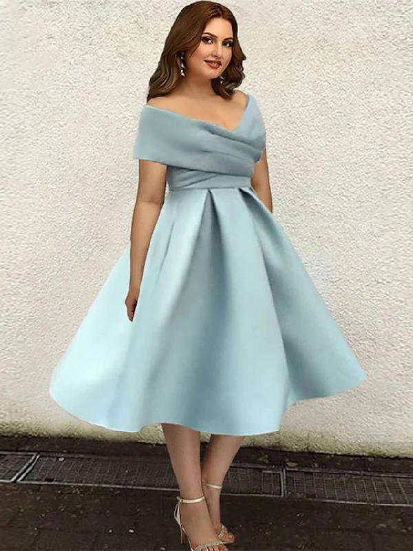 Women's Holiday Clothing Dresses Plus Size Dress Wedding Guest Tea Length Short Sleeve V Neck Satin with Sleek Pleats