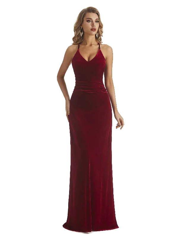 Women's Casual Attire Elegant Mermaid V-neck Halter Velvet Long Wedding Party Dresses Online