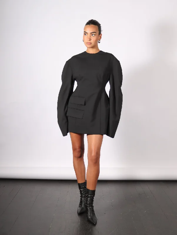 Women's Plus-Size Garments Rounded Sleeve Tailored Mini Dress in Black by A.W.A.K.E. Mode