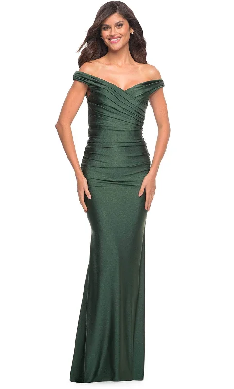 Women's Clothing For Outdoor Events La Femme 30631SC - Ruched Off Shoulder Evening Gown