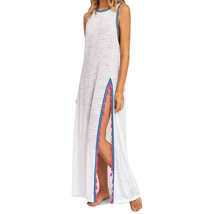 Women's Contemporary Clothing Pitusa Tassel Slit Mini Dress Cover Up - White