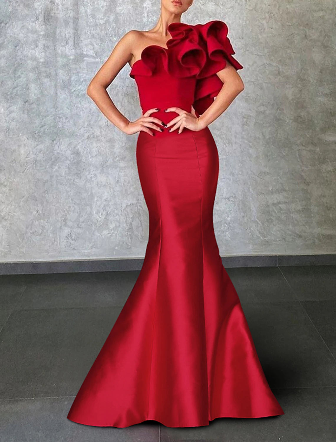 Women's Attire Mermaid Evening Gown Corsets Formal Wedding Guest Floor Length Sleeveless One Shoulder with Ruffles Shouder Flower