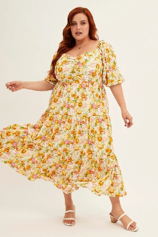 Women's High-End Clothing Floral Print Short Puff Sleeve Multi Floral Rayon Midi Dress