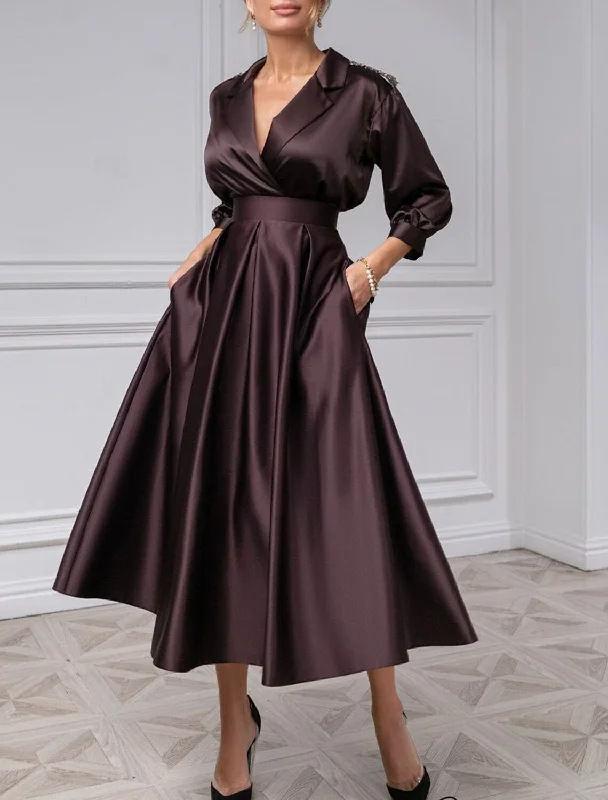 Women's Loungewear Clothes A-Line Cocktail Dresses Elegant Dress Wedding Guest Evening Party Tea Length 3/4 Length Sleeve Shirt Collar Satin with Pleat