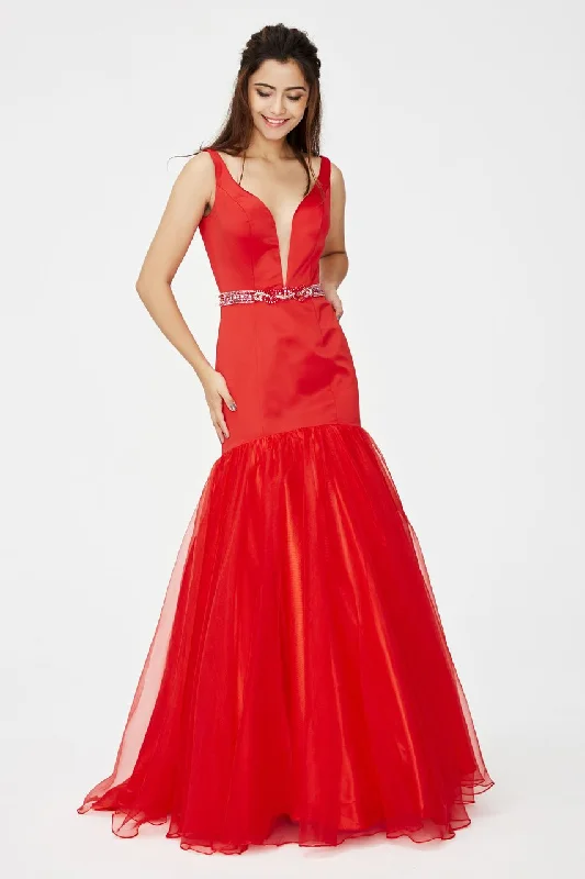 Women's Evening Attire Angela & Alison - 81013 Plunging Sweetheart Tulle Trumpet Gown