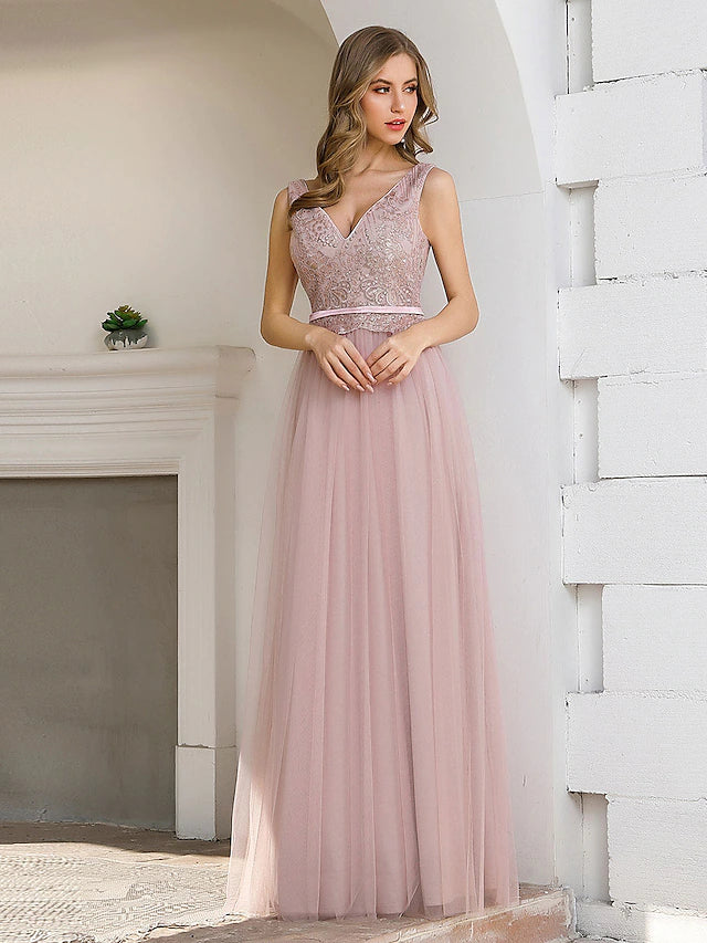 Women's Clothing Sets A-Line Evening Gown Elegant Dress Wedding Guest Floor Length Sleeveless V Neck Satin V Back with Sash  Ribbon Sequin