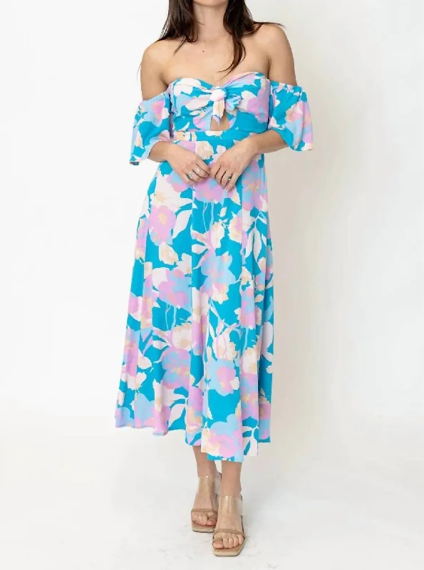 Women's Relaxed Outfit Off Shoulder Floral Print Midi Dress In Blue Pink