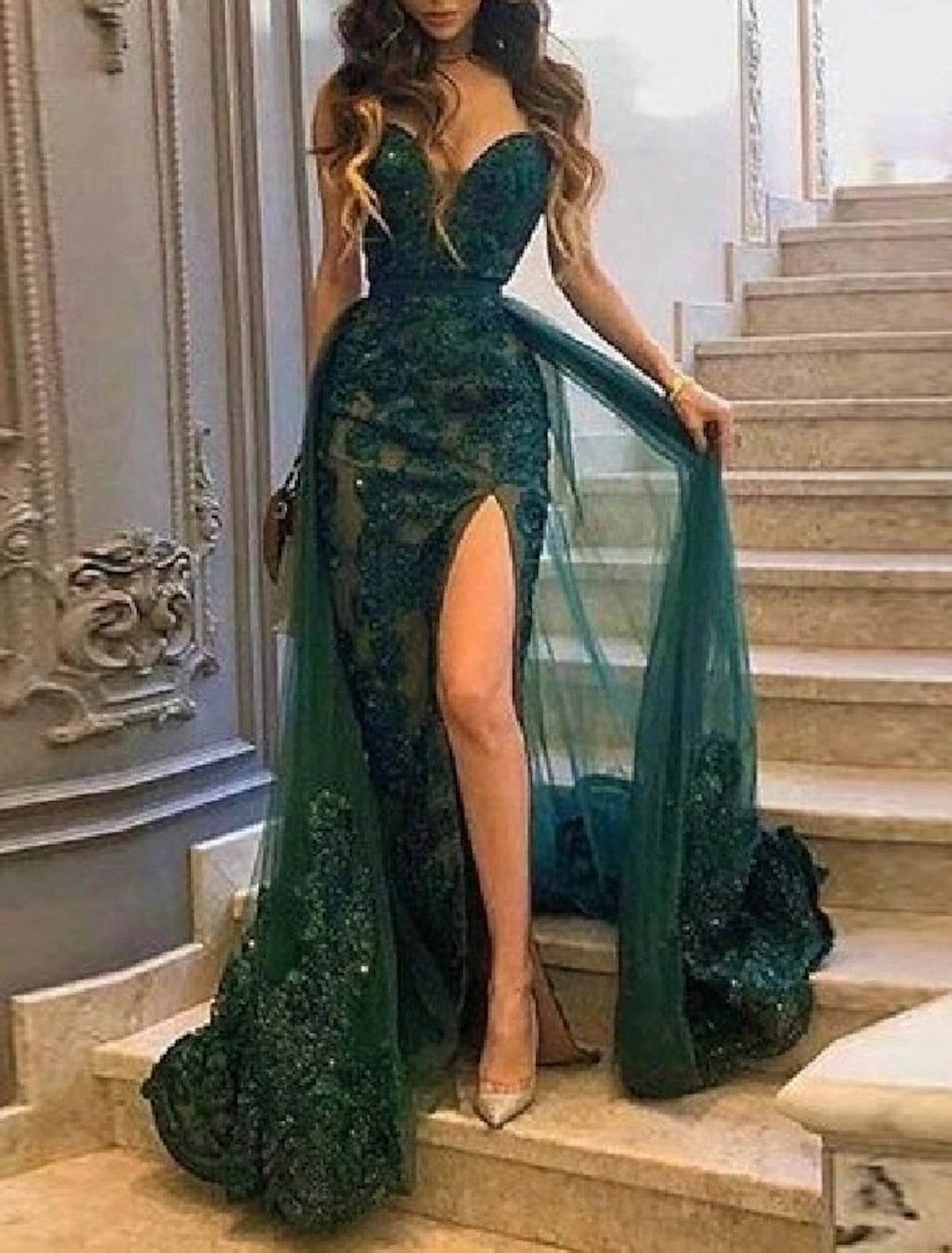 Women's Transitional Garments Mermaid Prom Dresses Emerald Green Dress Christmas Red Green Dress Wedding Guest Court Train Sleeveless Strapless Tulle with Slit Appliques