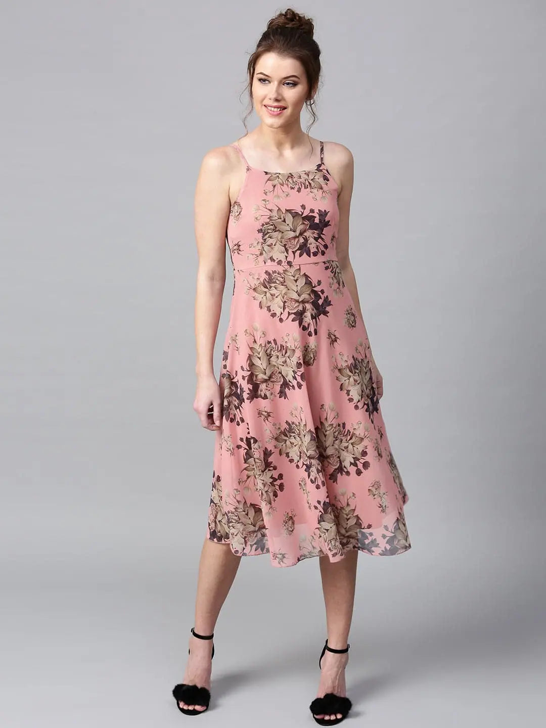 Women's Casual Garments Millennial Pink Floral Midi Strap Dress