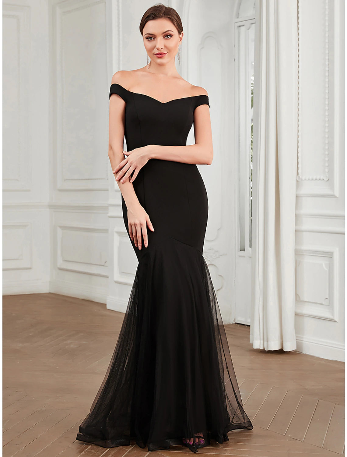 Timeless Women's Clothing Mermaid / Trumpet Evening Gown Elegant Dress Party Wear Wedding Guest Floor Length Sleeveless Off Shoulder Polyester with Pleats