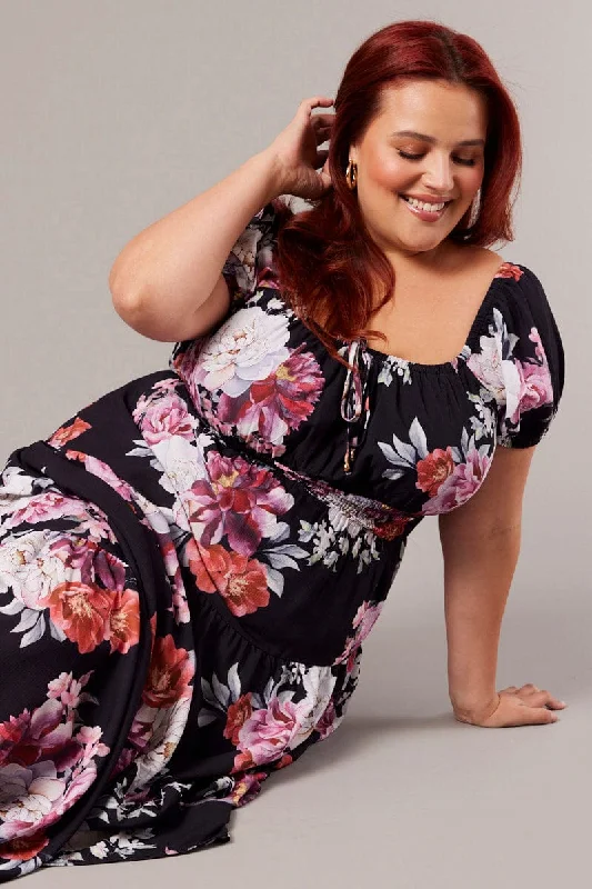 Women's Plus-Size Apparel Black Floral Maxi Dress Short Sleeve Tiered