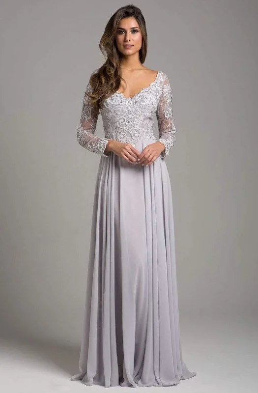 Women's Travel Attire Lara - Illusion Long Sleeve Lace Appliqued A-Line Gown 29929 - 1 pc Silver In Size 8 Available