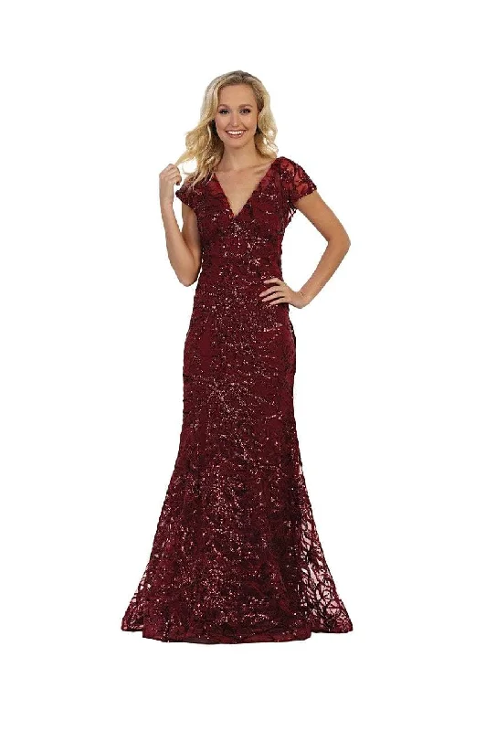 Charming Women's Holiday Apparel May Queen Plunging V-neck Embellished Trumpet Gown - 1 pc Burgundy In Size 3XL Available