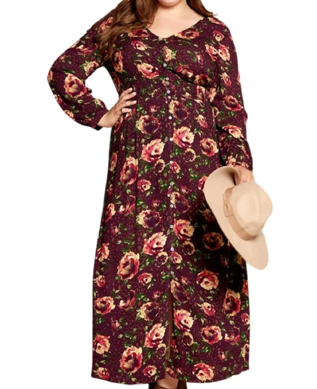 Women's Workout Garments Floral Button Down Maxi Dress In Burgundy