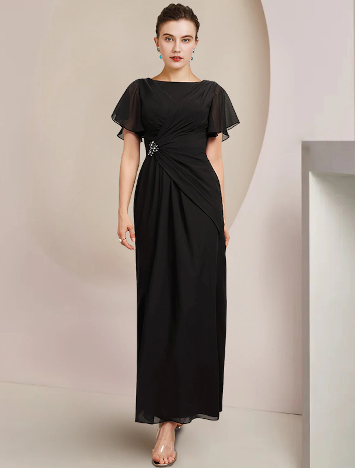 Women's Evening Outfit Sheath / Column Mother of the Bride Dress Scoop Neck Ankle Length Chiffon Short Sleeve Wedding Guest with Crystal Brooch Side-Draped