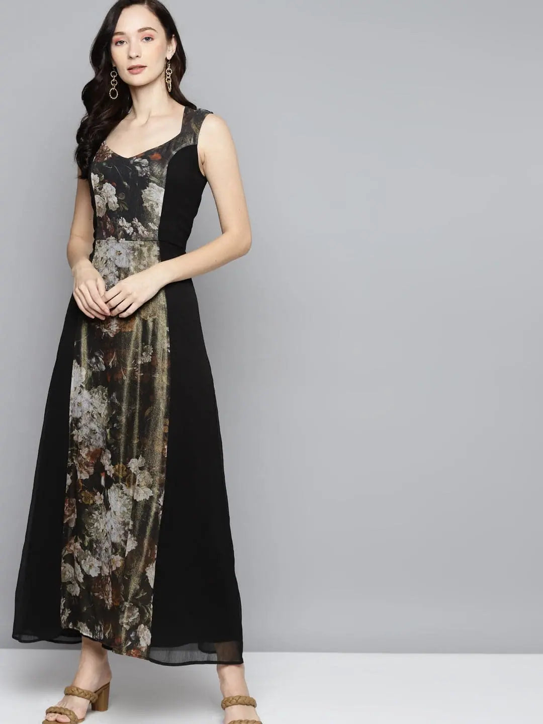 Women's Seasonal Garments Green Floral Chiffon Sweetheart Neck Maxi