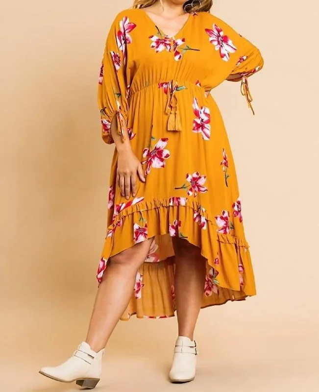 Stylish Women's Outfit Floral High Low Dress -Plus In Orange