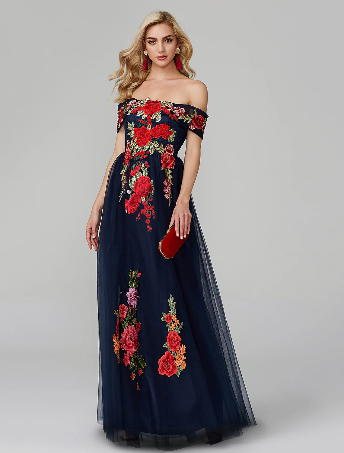 Women's Party Clothes A-Line Prom Dresses Floral Dress Wedding Guest Prom Floor Length Sleeveless Off Shoulder Lace Over Tulle with Embroidery Appliques