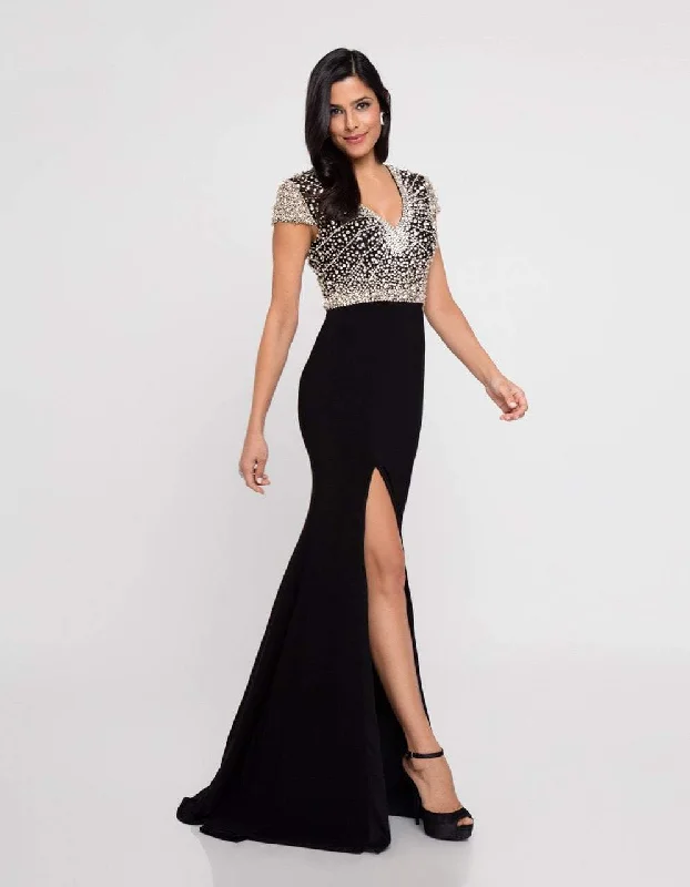 Women's Chic Outerwear Outfit Terani Couture - 1812M6655 Cap Sleeve Crystal Ornate High Slit Gown