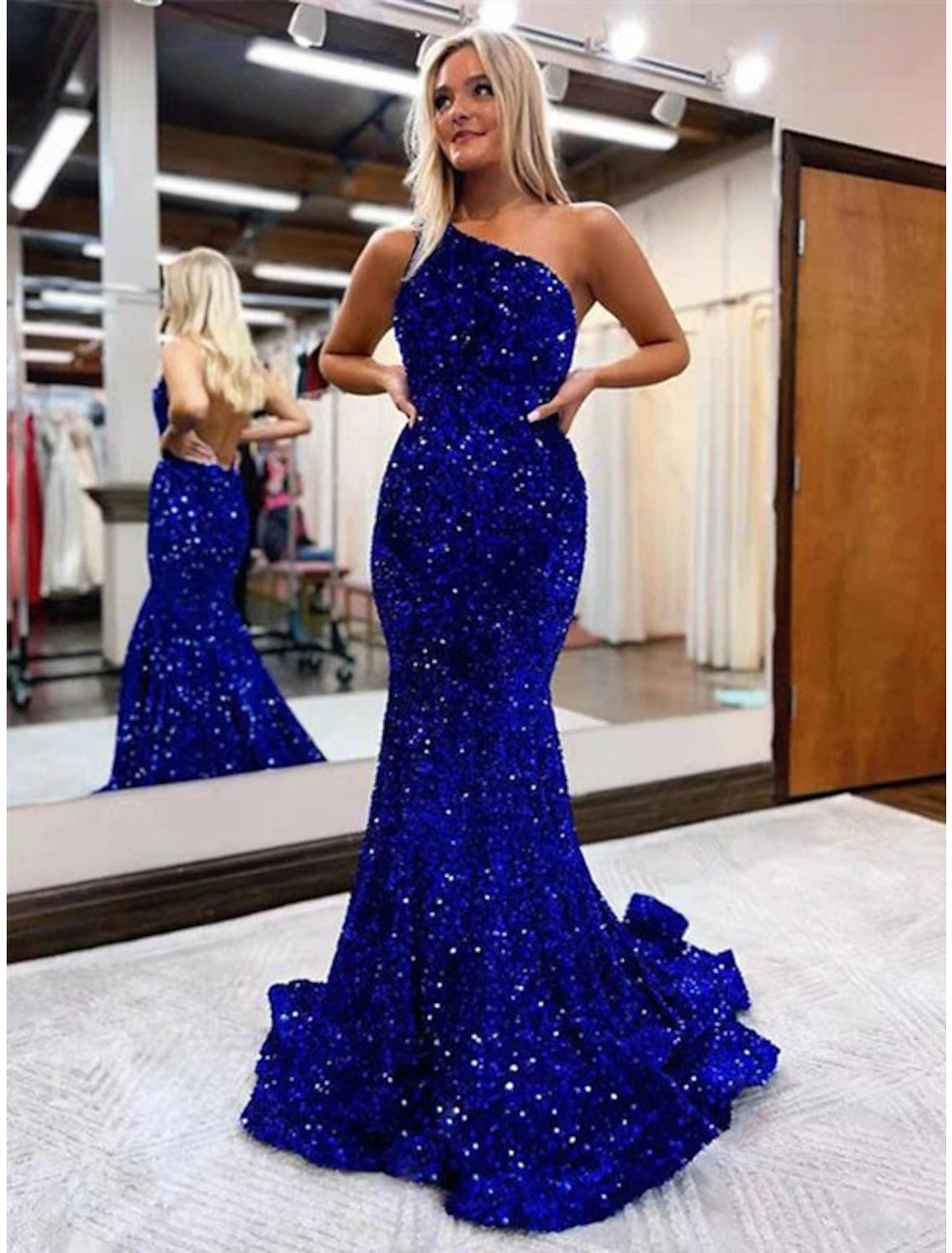 Women's Layered Outfit Mermaid / Trumpet Prom Dresses Sparkle & Shine Dress Formal Wedding Guest Floor Length Sleeveless One Shoulder Sequined Backless with Sequin