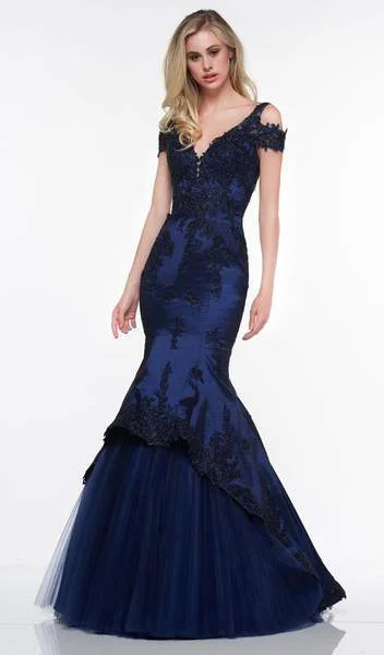 Women's Holiday Clothes Colors Dress - Bead Embellished V-Neck Trumpet Gown G838 - 1 pc Navy In Size 10 Available