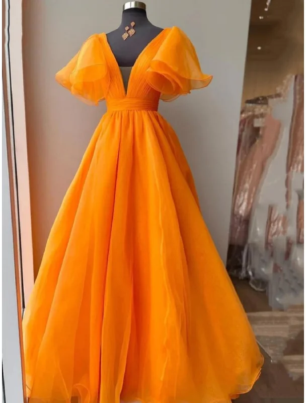 Affordable Women's Apparel Ball Gown Evening Gown Celebrity Style Dress Wedding Party Dress Floor Length Short Sleeve V Neck Fall Wedding Guest Organza with Pleats Ruffles