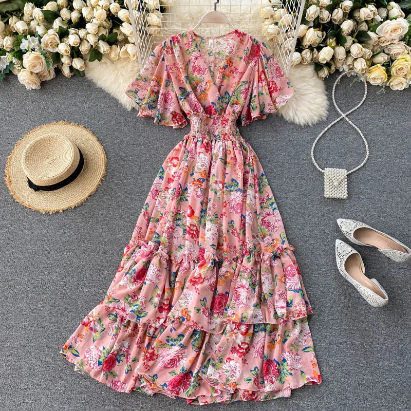 Women's Formal Clothes Cute v neck floral dress A line fashion dress  S61