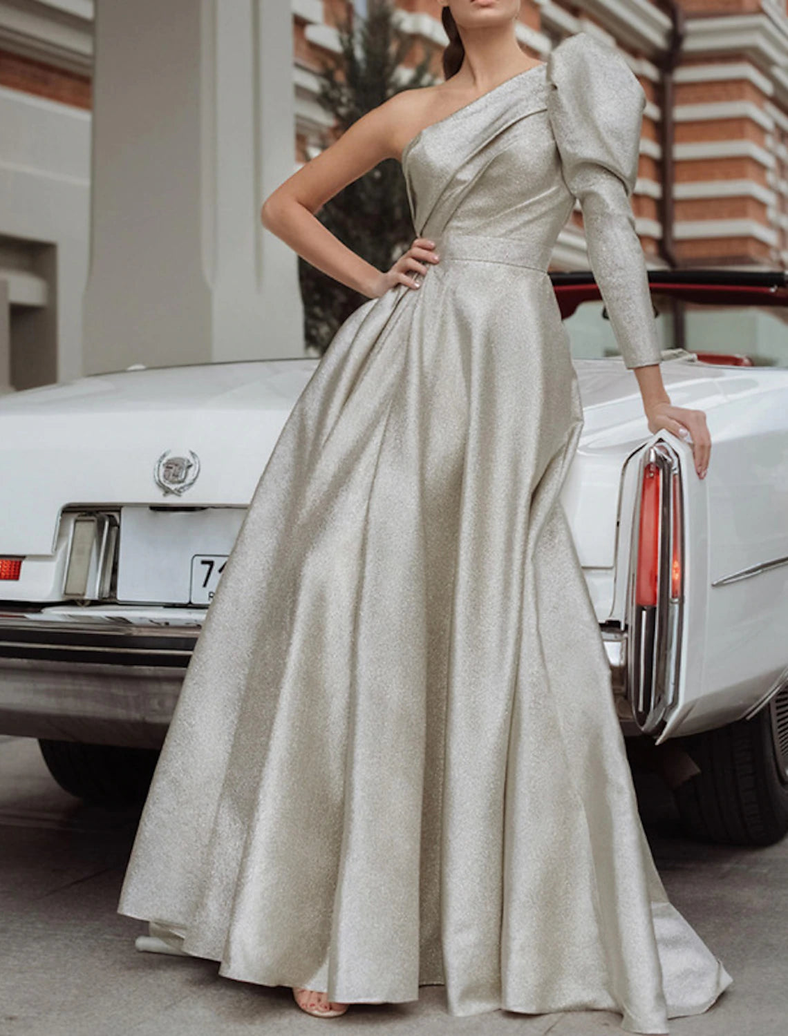 Women's Vintage-Inspired Outfit A-Line Evening Gown Elegant Dress Formal Wedding Guest Floor Length Long Sleeve One Shoulder Sequined with Pleats