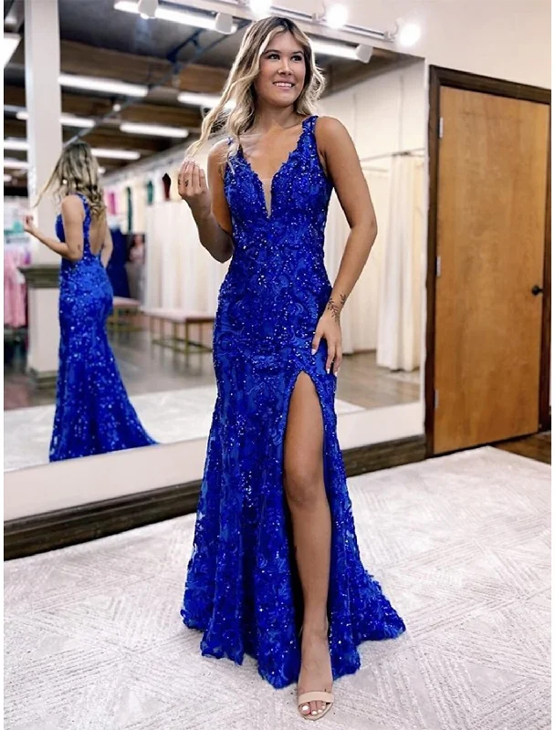 Timeless Women's Outfit Mermaid / Trumpet Prom Dresses Sparkle & Shine Dress Formal Wedding Party Sweep / Brush Train Sleeveless V Neck Sequined Backless with Sequin