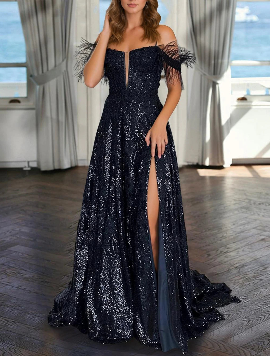 Women's Holiday Clothes A-Line Evening Gown Wedding Floor Length Sleeveless V Neck Sequined with Pearls