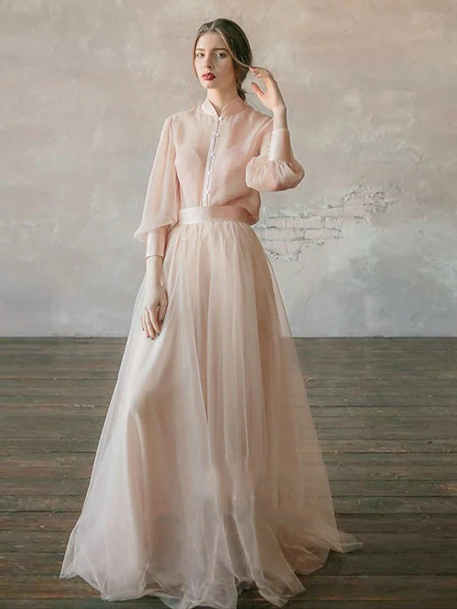 Women's Active Clothing Empire Minimalist Wedding Guest Formal Evening Birthday Dress Stand Collar Long Sleeve Floor Length Chiffon with Tier