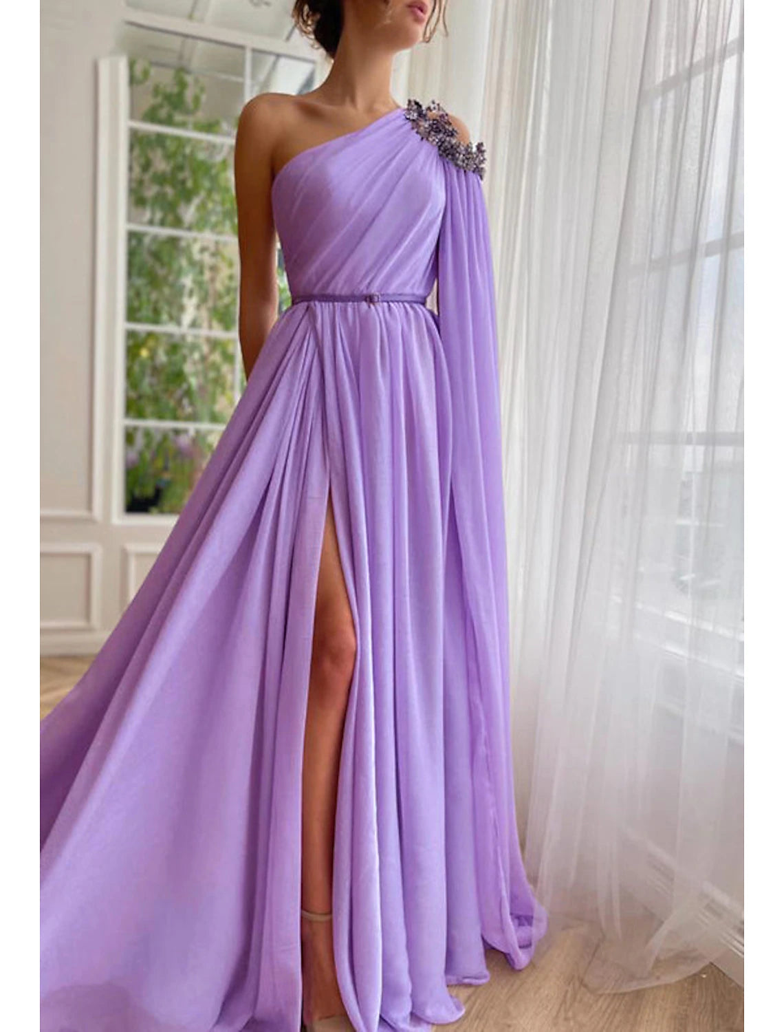 Casual Outfit For Women A-Line Evening Gown Elegant Dress Formal Wedding Guest Sweep / Brush Train Sleeveless One Shoulder Capes Chiffon with Slit Shawl