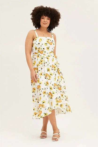 Classic Women's Clothing Styles Floral Print Sleeveless Ruffle Midi Dress