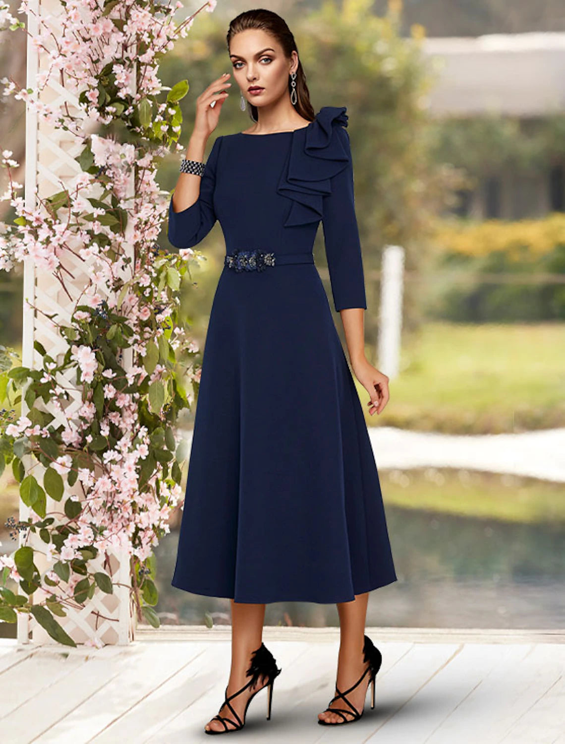 Tailored Clothing For Women A-Line Jewel Neck Tea Length Mother of the Bride Dress Wedding Guest Dress 3/4 Length Sleeve with Sash / Ribbon Side Draping