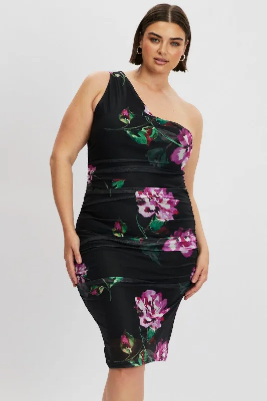 Women's Outerwear Apparel Black Floral One Shoulder Ruched Midi Dress