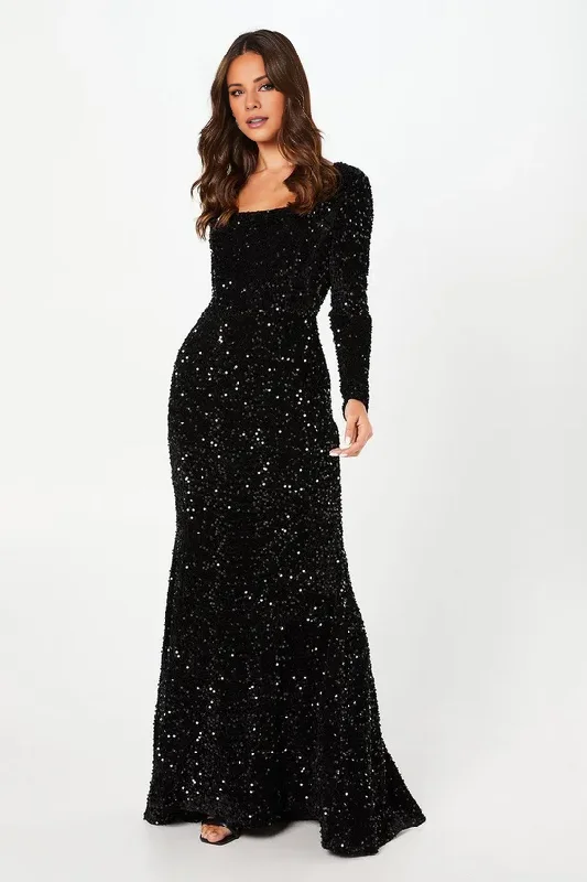 Affordable Luxury Women's Apparel Square Neck Velvet Sequin Long Sleeve Gown Winter Wedding Guest Dresses Evening Dresses