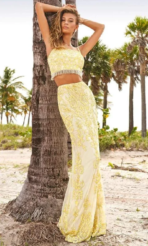 Women's Chic Apparel Sherri Hill - Two-Piece Bead-Fringed Sheath Gown 54219 - 1 pc Yellow In Size 0 Available