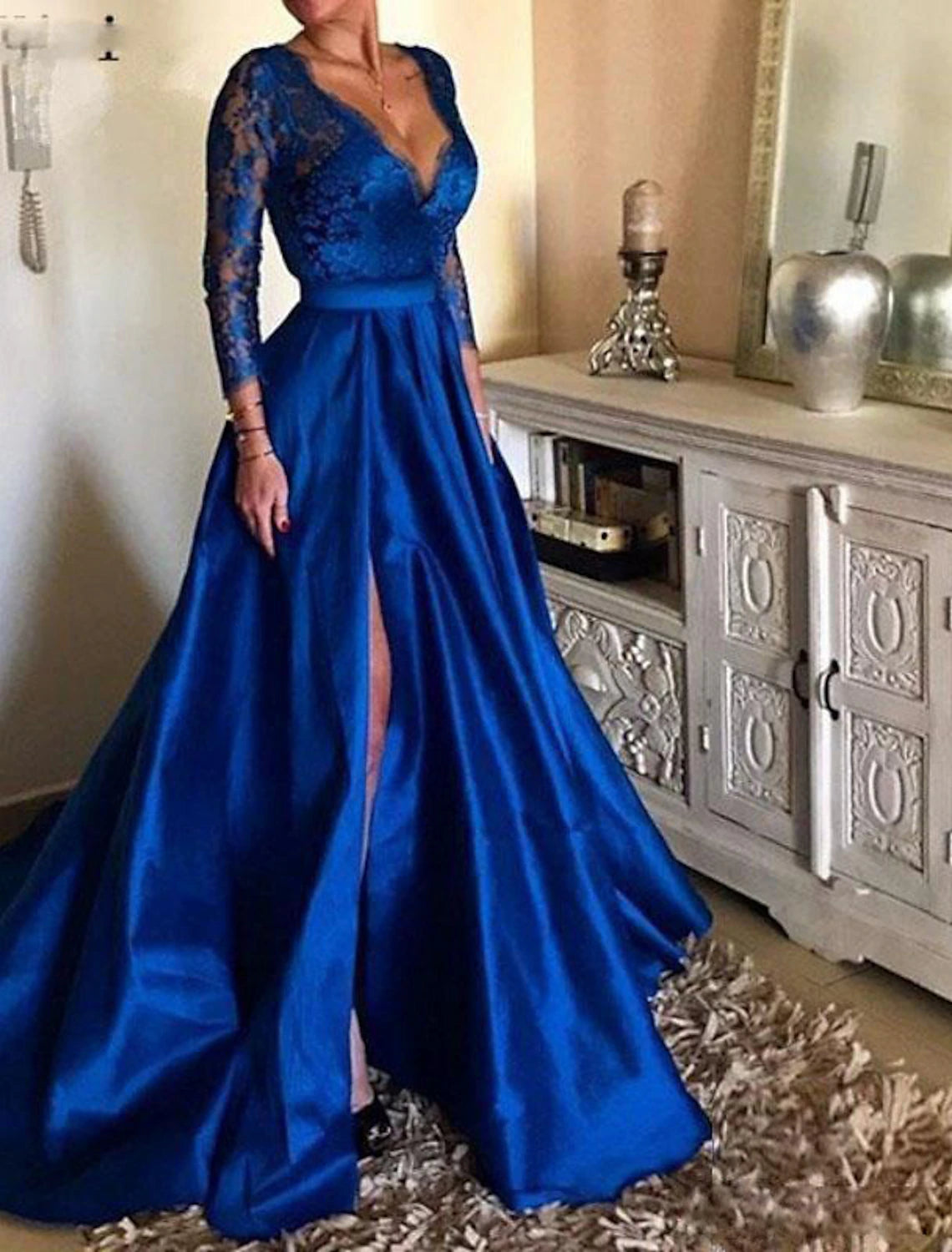 Women's Clothes For The Office A-Line Evening Gown Floral Dress Party Wear Formal Evening Floor Length Long Sleeve V Neck Tulle with Pleats Appliques