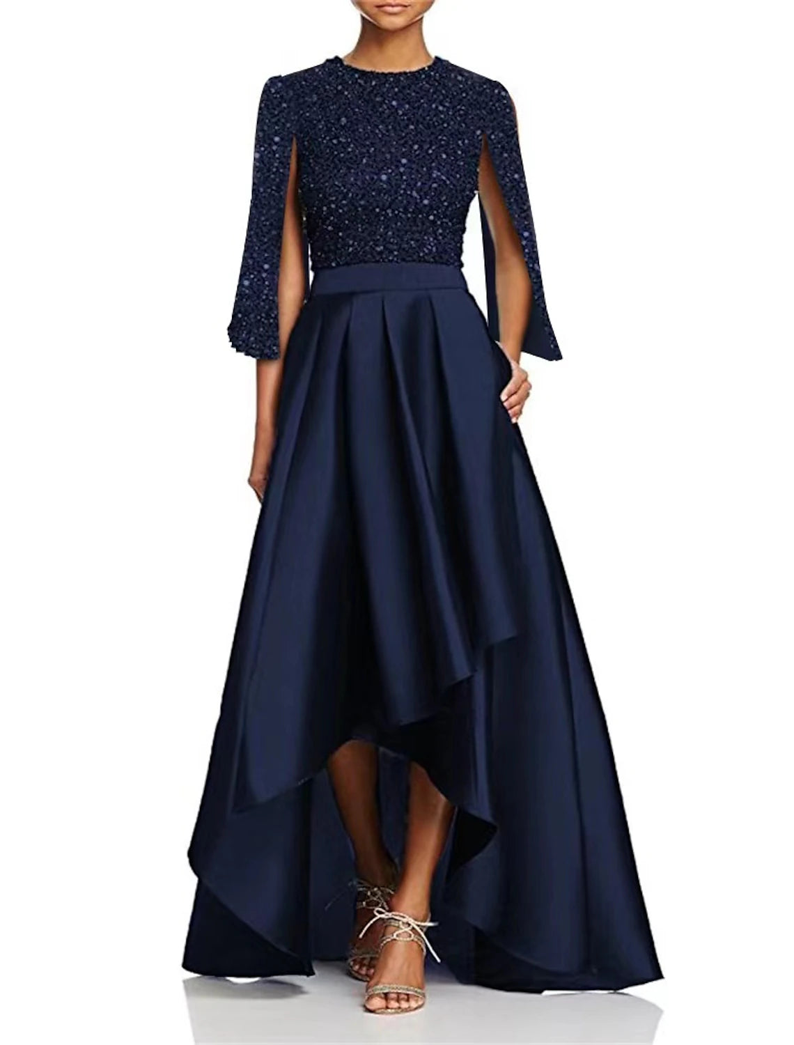 Women's Athleisure Apparel A-Line Cocktail Dresses Elegant Dress Wedding Party Church Tea Length Long Sleeve Jewel Neck Pocket Sequined with Slit