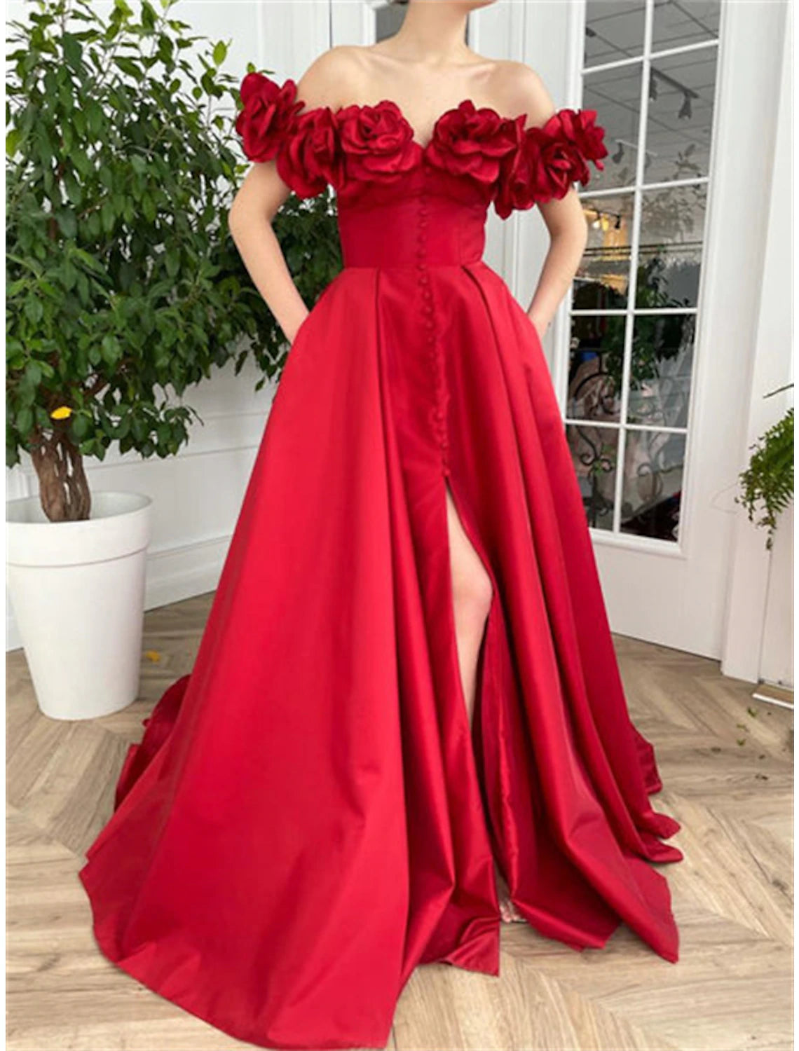 Women's Athletic Apparel A-Line Prom Dresses Sexy Dress Wedding Guest Wedding Party Court Train Short Sleeve Off Shoulder Taffeta with Buttons Slit Appliques