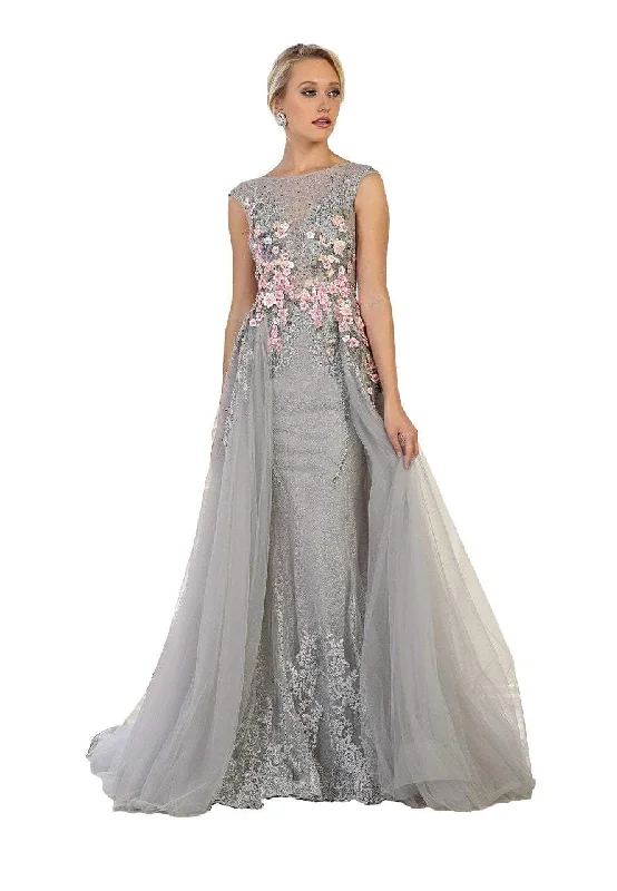 Women's Holiday Apparel May Queen Bateau Neck Embellished Gown with Overskirt RQ7596