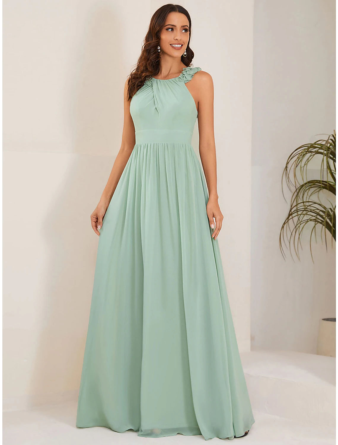 Women's Clothing A-Line Wedding Guest Dresses Elegant Dress Formal Floor Length Sleeveless Jewel Neck Chiffon with Pleats Shouder Flower