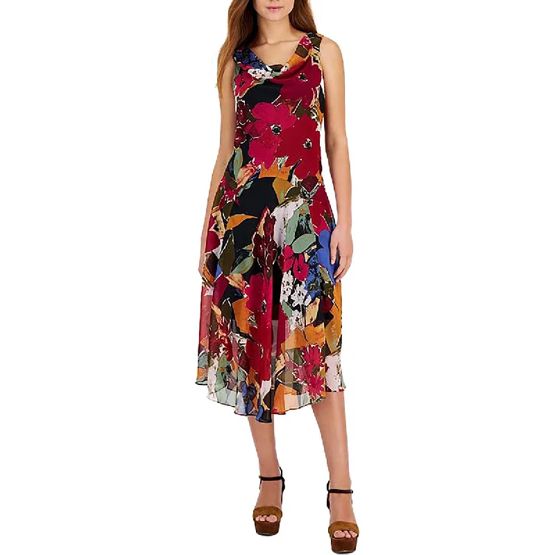 Fashionable Women's Casual Apparel Womens Cowl Neck Floral Midi Dress