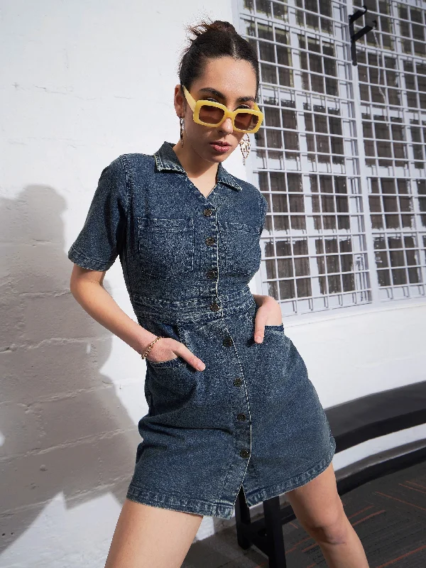 Women's Clothes For The Office Women Blue Blast Denim Front Button Mini Dress