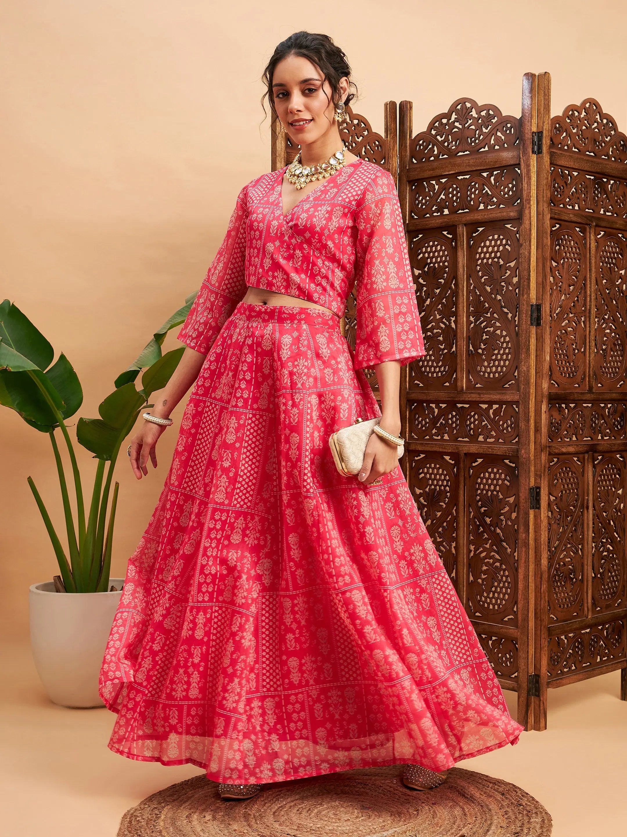 Affordable Women's Outfit Women Pink Floral Anarkali Skirt With Wrap Crop Top