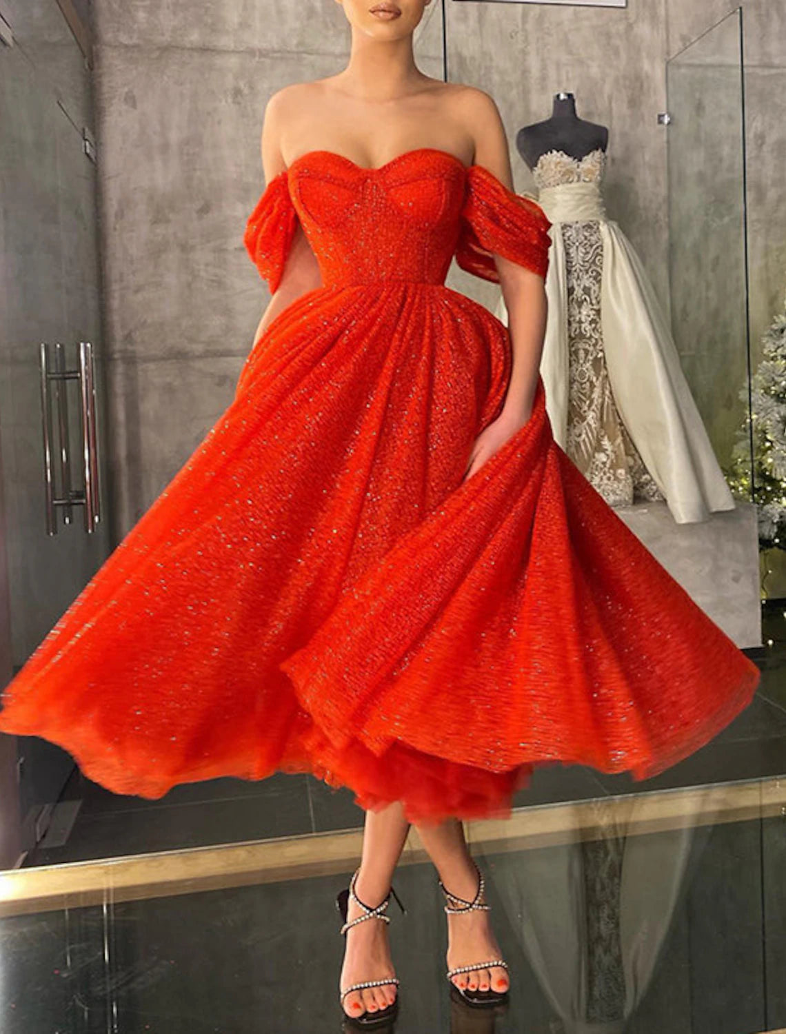 Women's Elegant Clothing Sets A-Line Prom Dresses Corsets Dress Wedding Party Birthday Tea Length Sleeveless Off Shoulder Tulle with Glitter Sequin