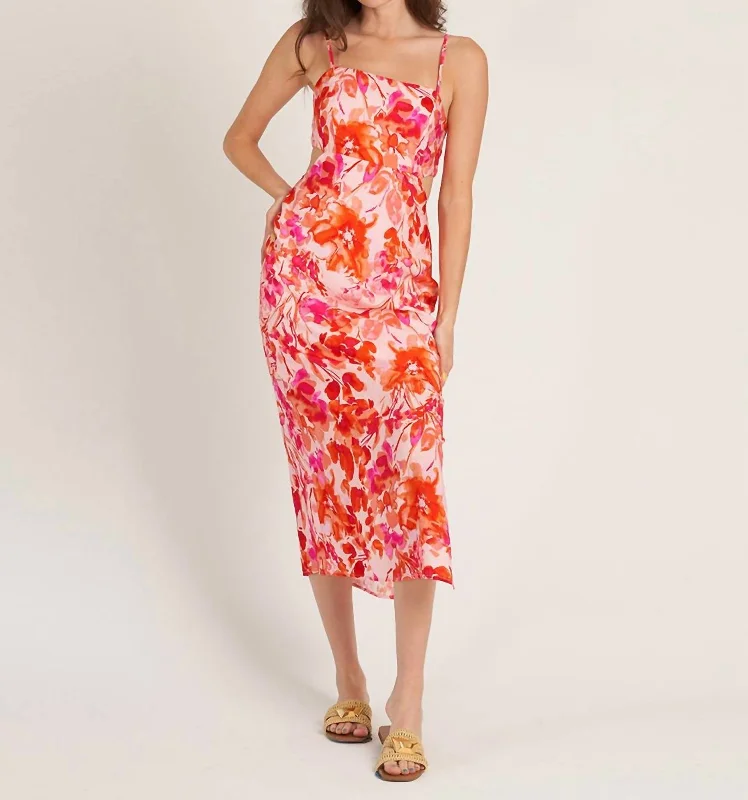 Casual Attire For Women Sleeveless Floral Print Back Tie Midi Dress In Pink Multi